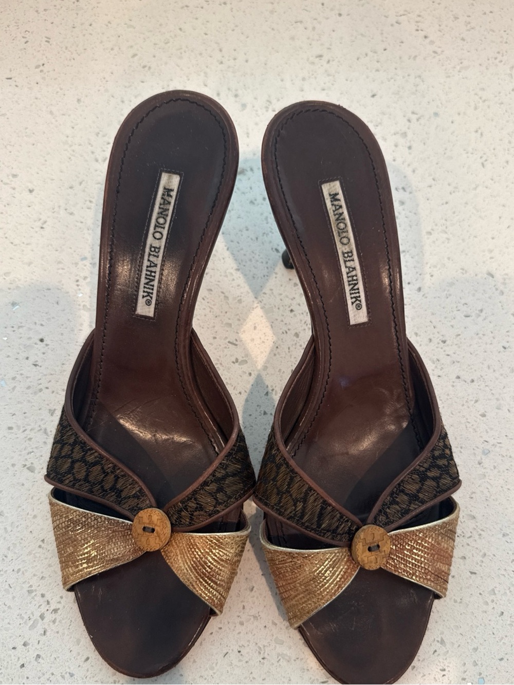 Manolo Blahnik Brown and Gold animal print Accent Open-Toe Mules